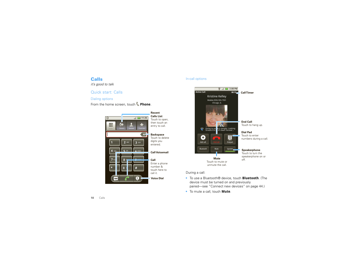 Calls, Quick start: calls | Motorola 68000202880-B User Manual | Page 12 / 68