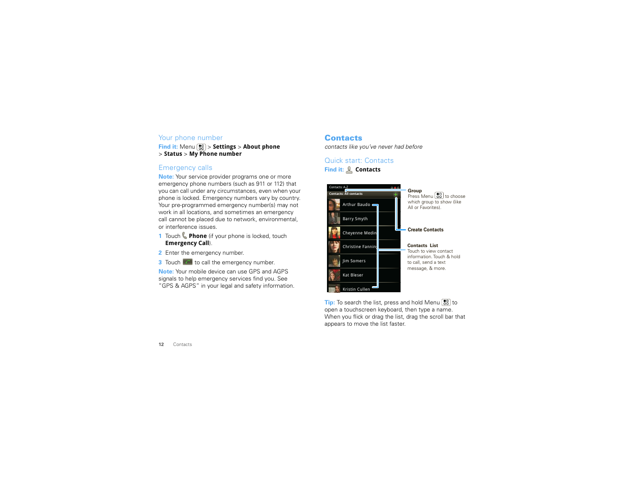 Your phone number, Emergency calls, Contacts | Quick start: contacts | Motorola 68000202880-B User Manual | Page 14 / 68