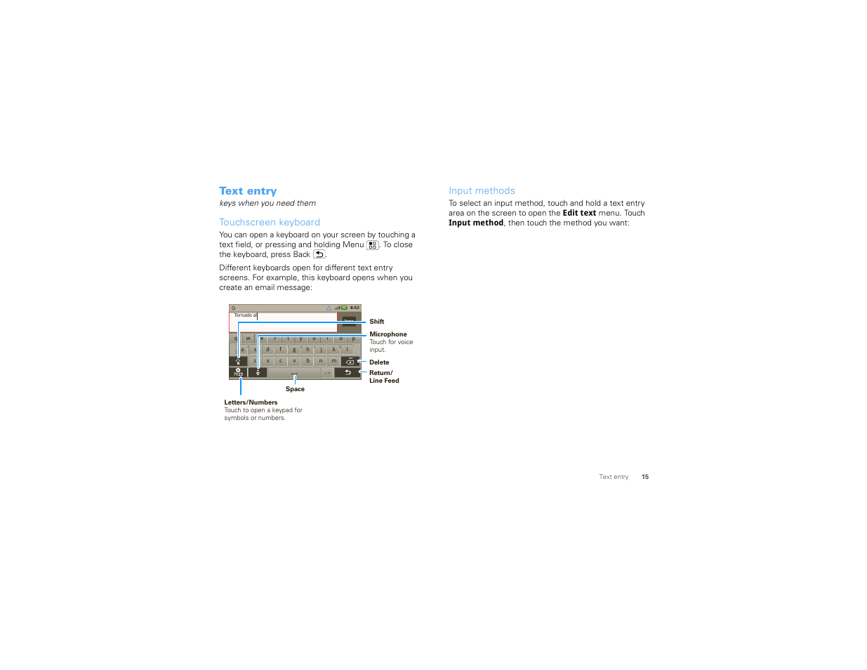 Text entry, Touchscreen keyboard, Input methods | Motorola 68000202880-B User Manual | Page 17 / 68