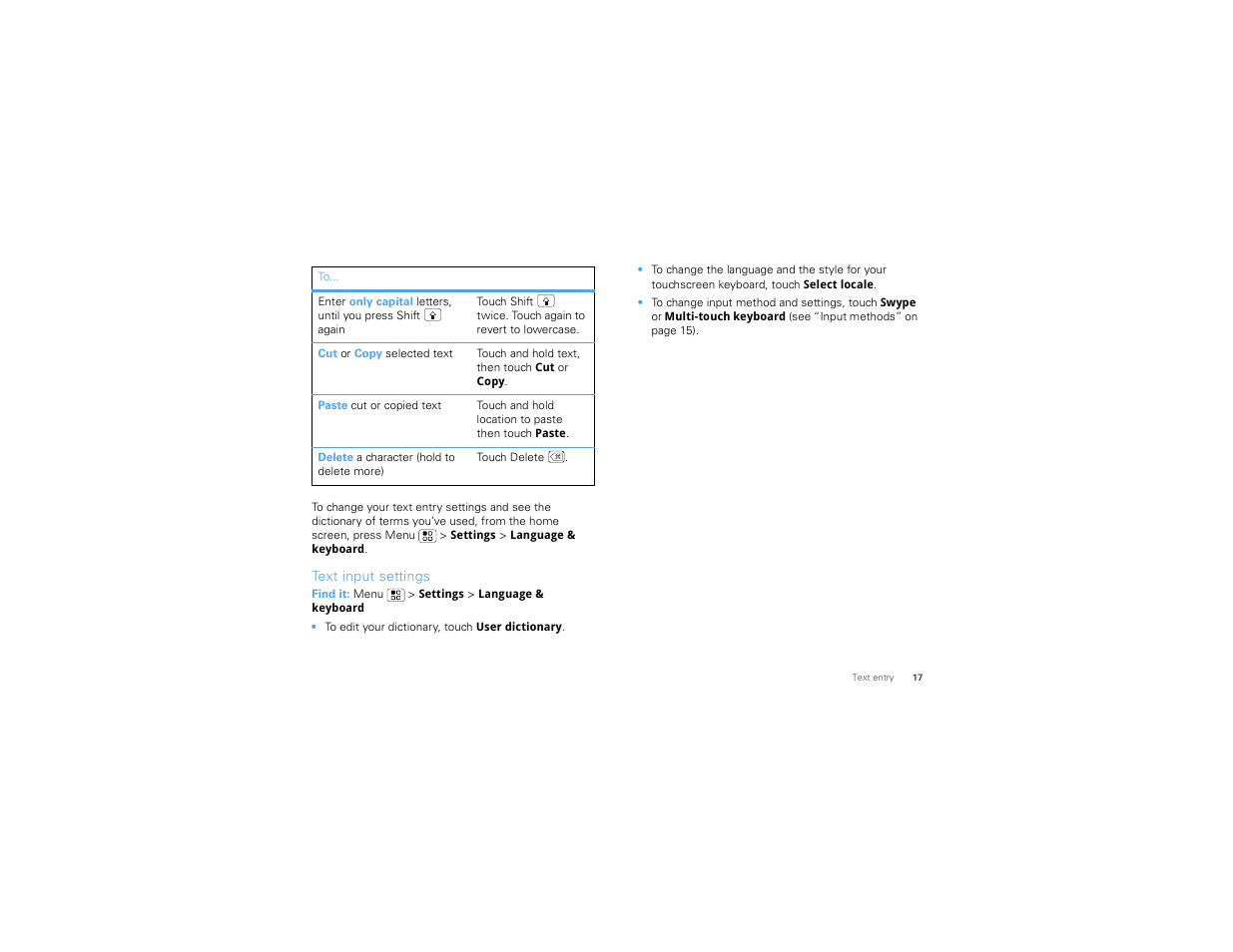 Text input settings | Motorola 68000202880-B User Manual | Page 19 / 68