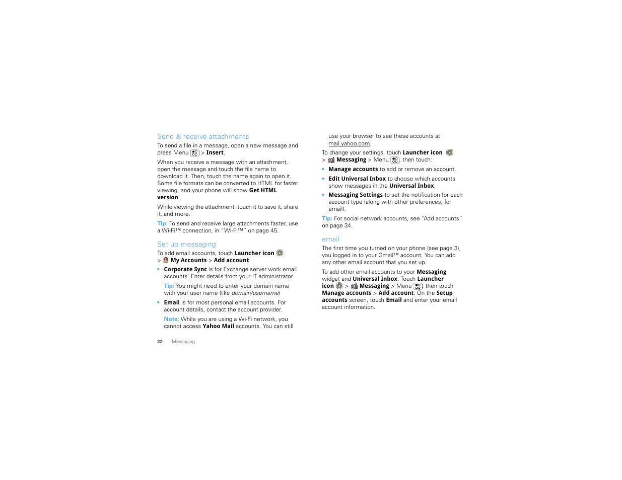 Send & receive attachments, Set up messaging, Email | Motorola 68000202880-B User Manual | Page 34 / 68