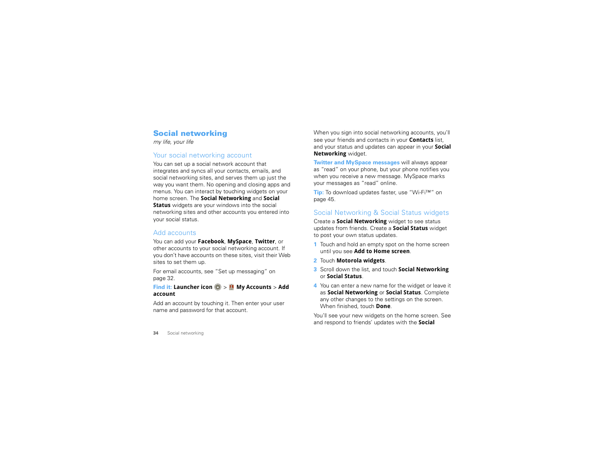 Social networking, Your social networking account, Add accounts | Social networking & social status widgets | Motorola 68000202880-B User Manual | Page 36 / 68