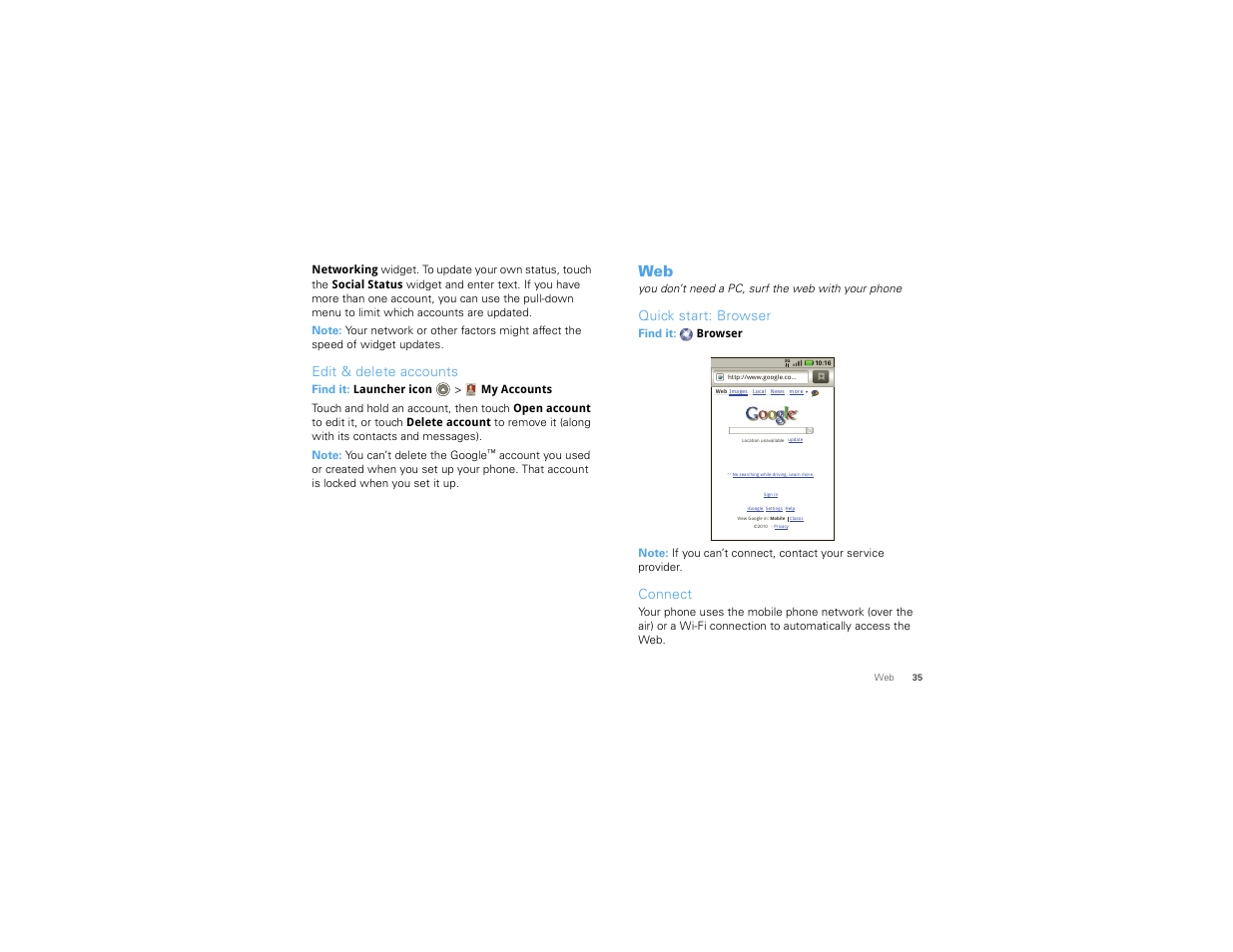 Edit & delete accounts, Quick start: browser, Connect | Motorola 68000202880-B User Manual | Page 37 / 68