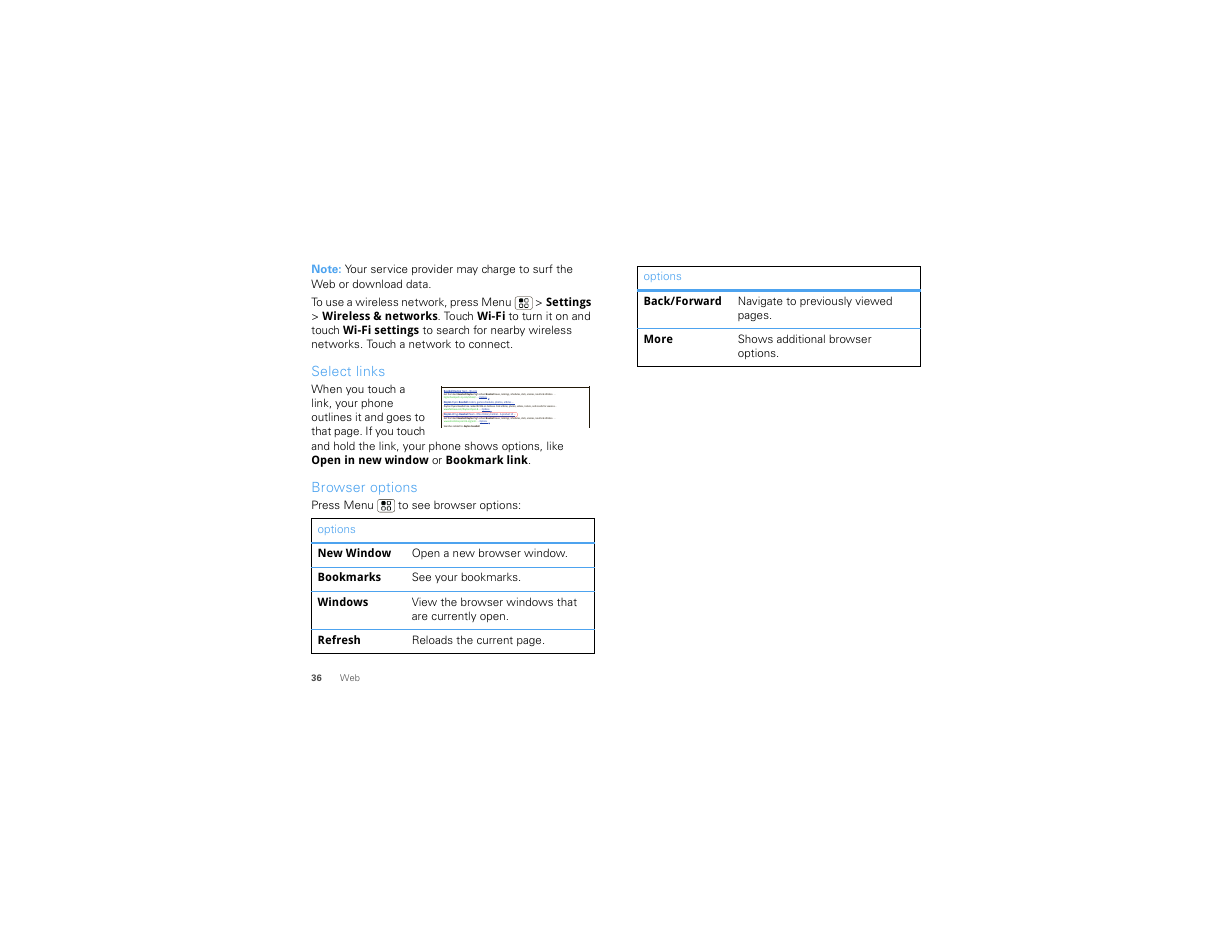 Select links, Browser options | Motorola 68000202880-B User Manual | Page 38 / 68