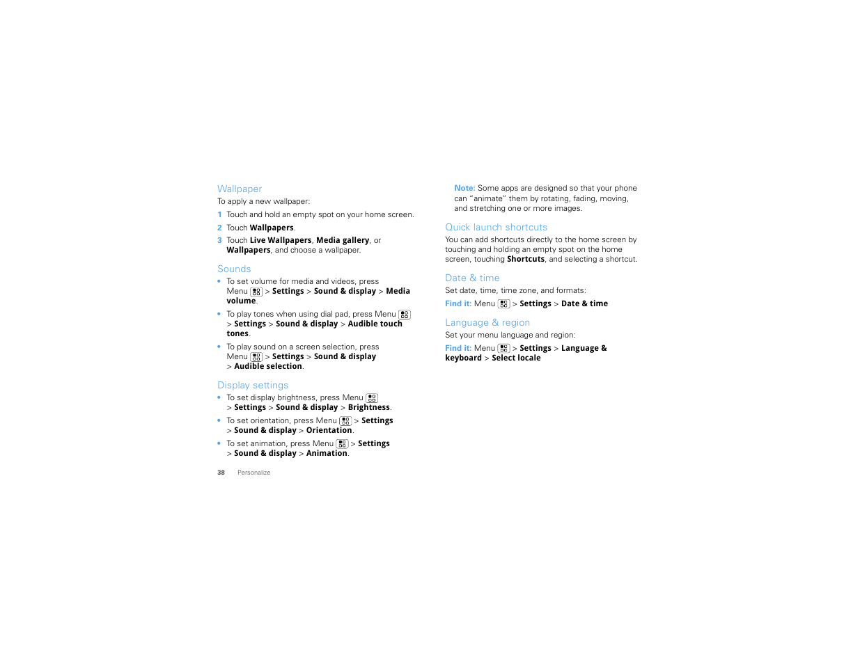 Wallpaper, Sounds, Display settings | Quick launch shortcuts, Date & time, Language & region | Motorola 68000202880-B User Manual | Page 40 / 68