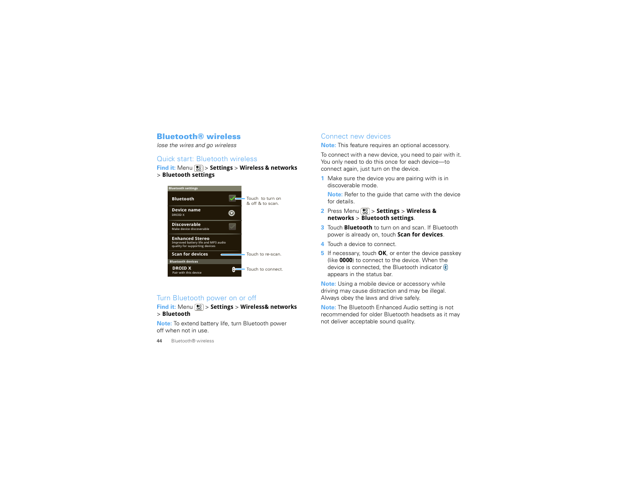 Bluetooth® wireless, Quick start: bluetooth wireless, Turn bluetooth power on or off | Connect new devices | Motorola 68000202880-B User Manual | Page 46 / 68
