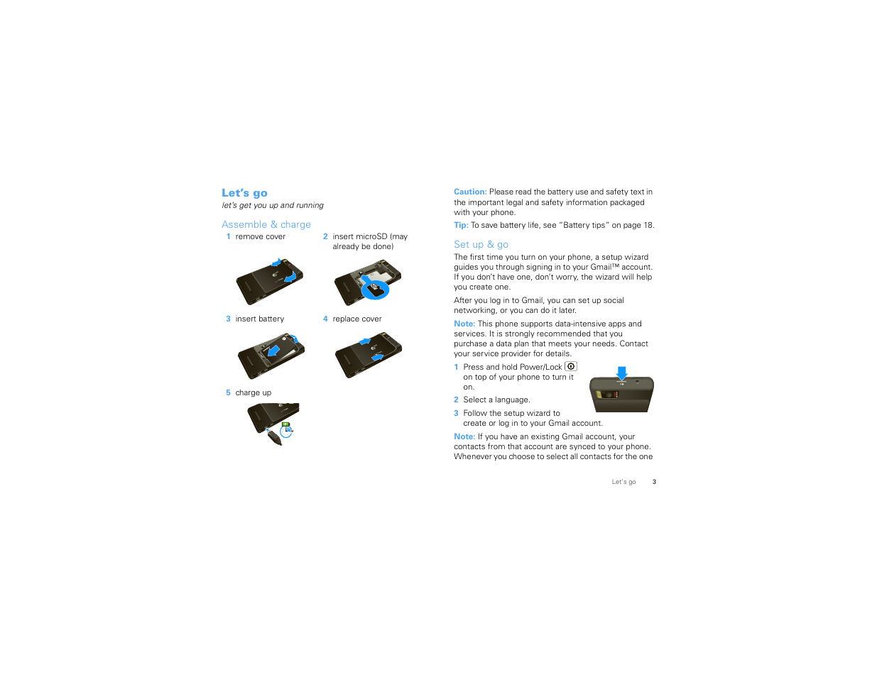 Let’s go, Assemble & charge, Set up & go | Motorola 68000202880-B User Manual | Page 5 / 68