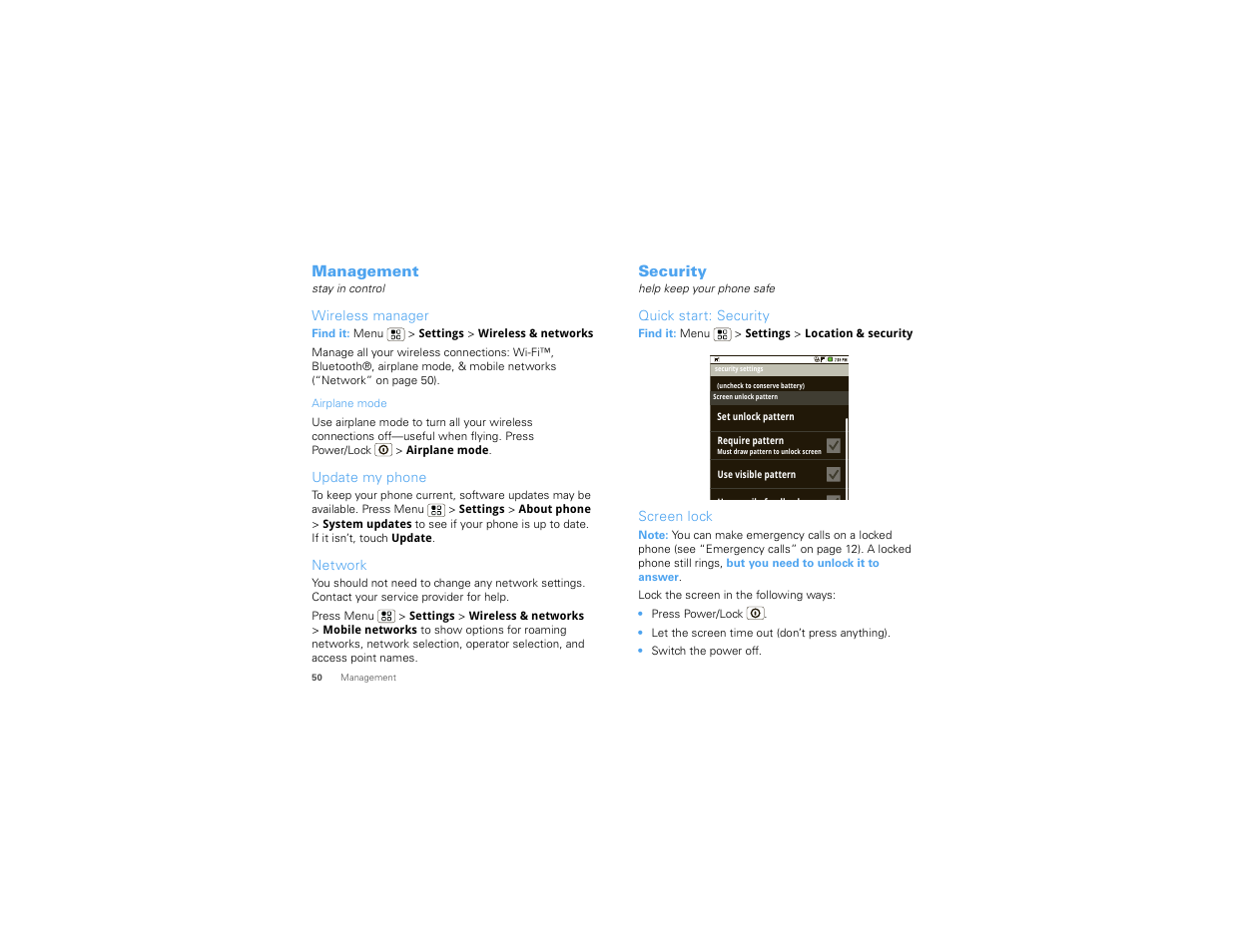 Management, Wireless manager, Update my phone | Network, Security, Quick start: security, Screen lock | Motorola 68000202880-B User Manual | Page 52 / 68