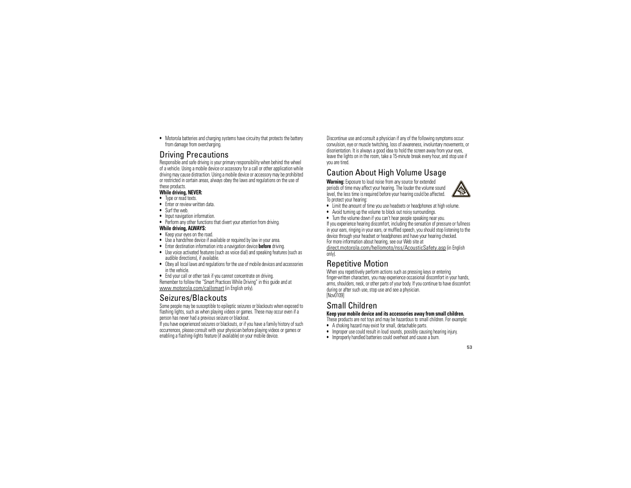 Driving precautions, Seizures/blackouts, Caution about high volume usage | Repetitive motion, Small children | Motorola 68000202880-B User Manual | Page 55 / 68