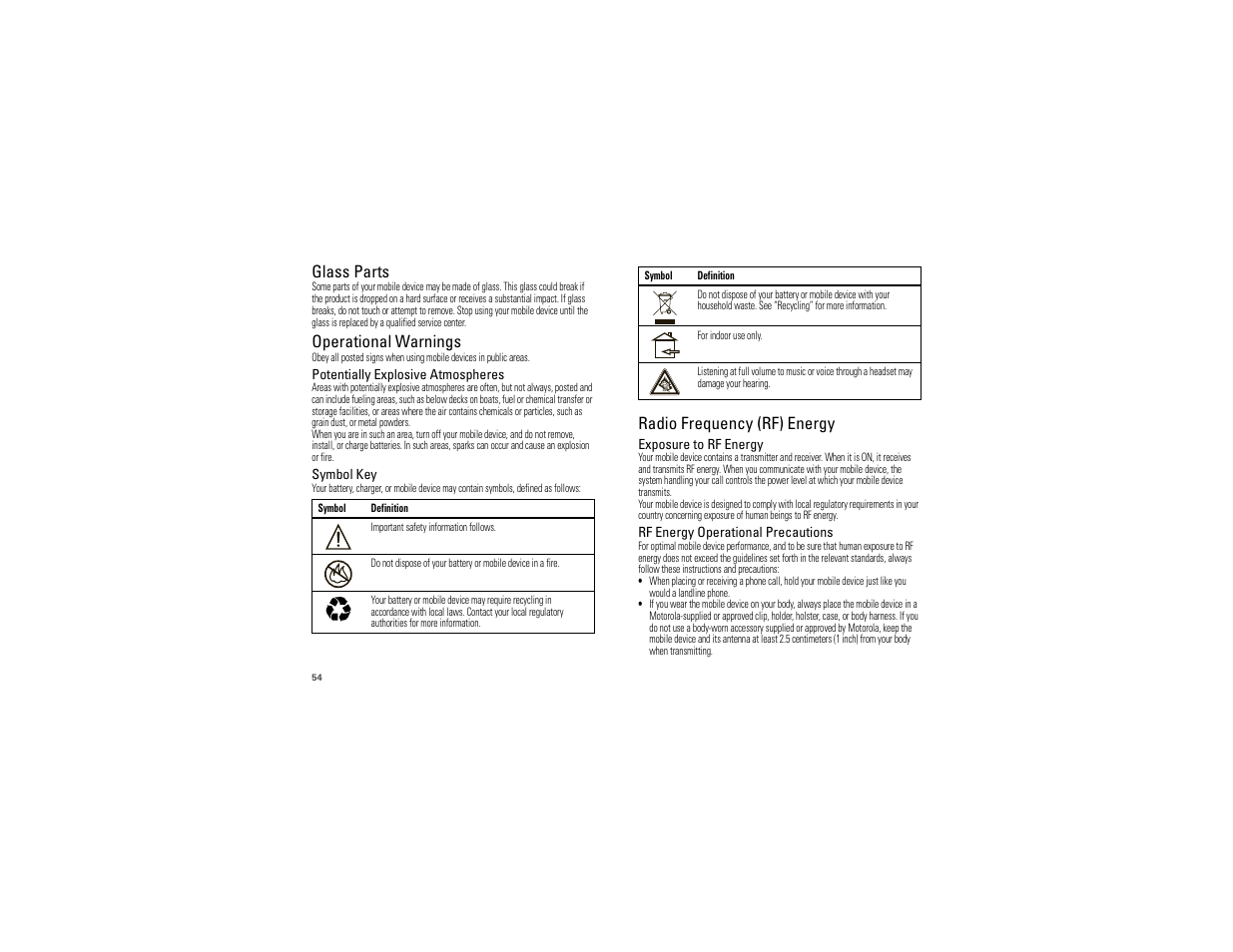 Glass parts, Operational warnings, Radio frequency (rf) energy | Motorola 68000202880-B User Manual | Page 56 / 68