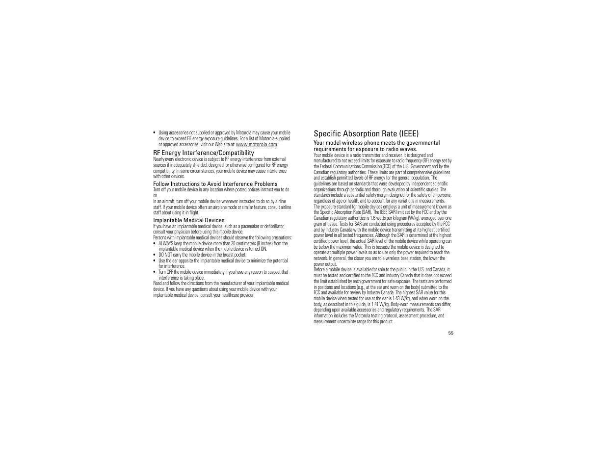 Sar (ieee), Specific absorption rate (ieee) | Motorola 68000202880-B User Manual | Page 57 / 68