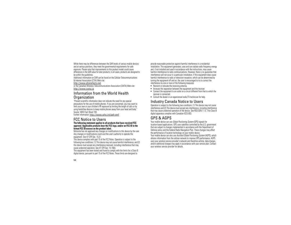 Who information, Fcc notice, Industry canada notice | Gps & agps, Information from the world health organization, Fcc notice to users, Industry canada notice to users | Motorola 68000202880-B User Manual | Page 58 / 68