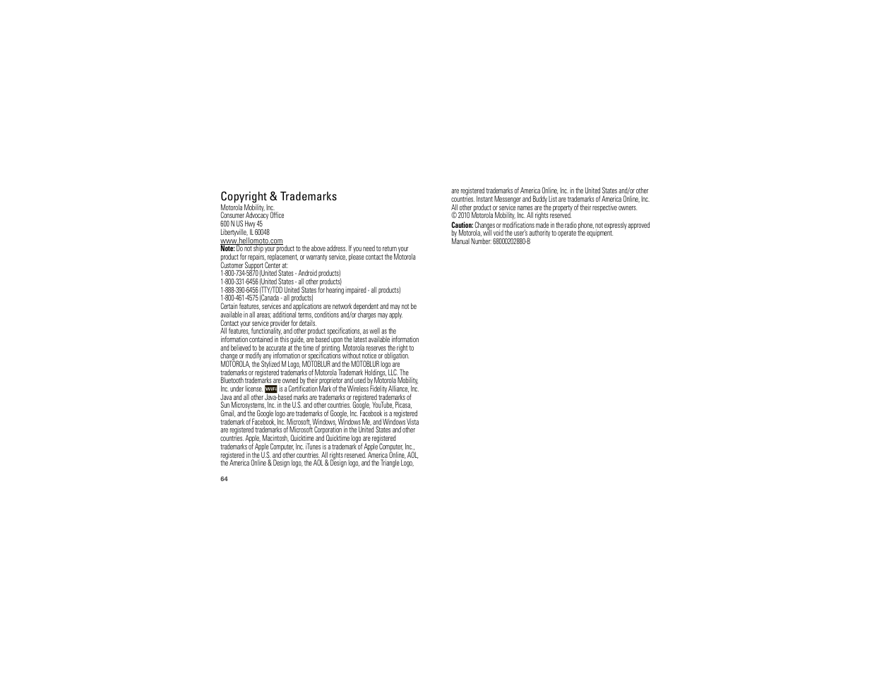 Copyright & trademarks | Motorola 68000202880-B User Manual | Page 66 / 68