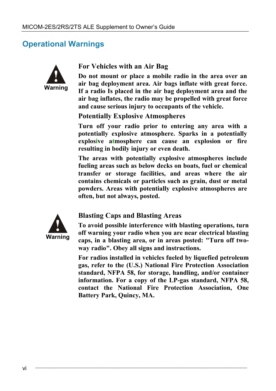 Operational warnings | Motorola MICOM-2ES/2RS/2TS ALE User Manual | Page 12 / 76