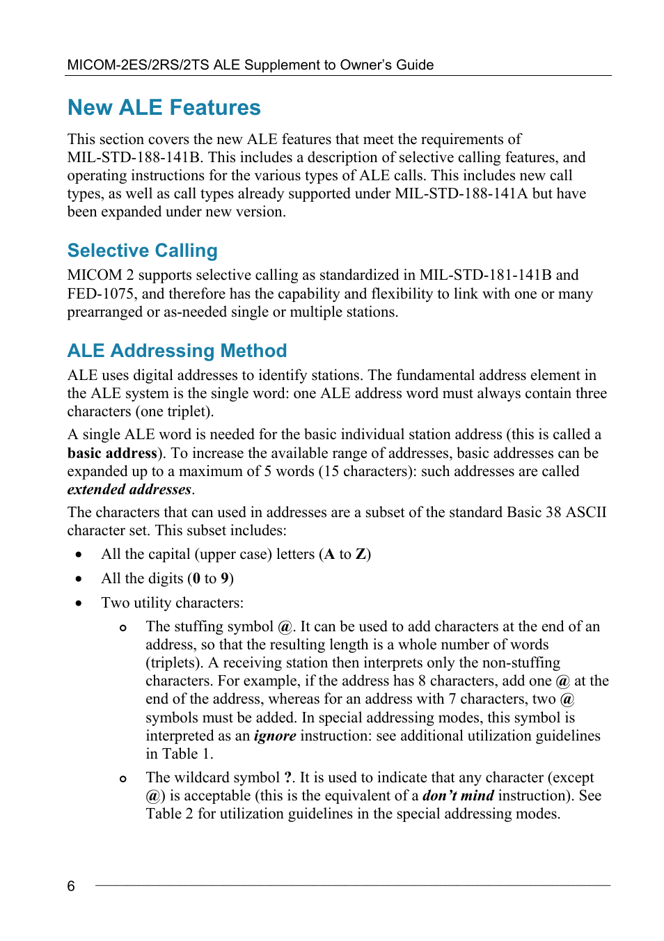 New ale features, Selective calling, Ale addressing method | Motorola MICOM-2ES/2RS/2TS ALE User Manual | Page 20 / 76