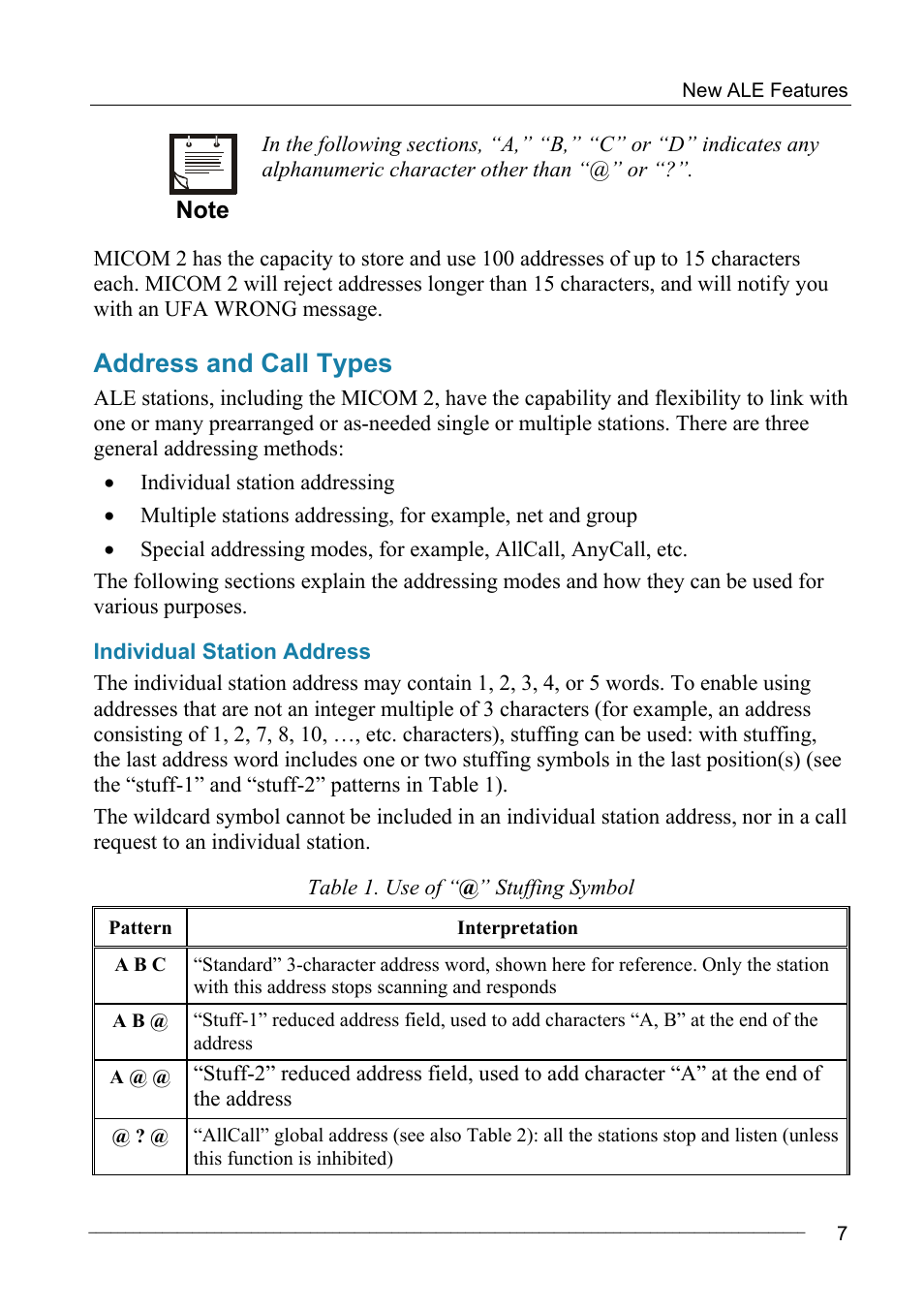 Address and call types, Individual station address | Motorola MICOM-2ES/2RS/2TS ALE User Manual | Page 21 / 76