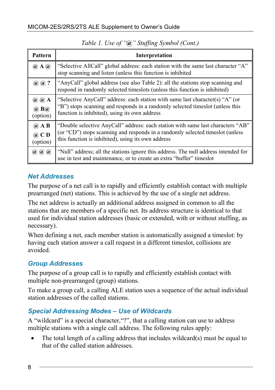 Net addresses, Group addresses, Special addressing modes – use of wildcards | Motorola MICOM-2ES/2RS/2TS ALE User Manual | Page 22 / 76