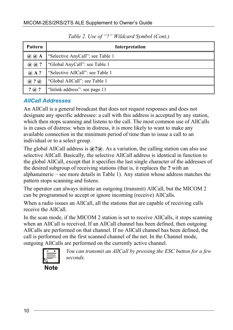 Allcall addresses | Motorola MICOM-2ES/2RS/2TS ALE User Manual | Page 24 / 76