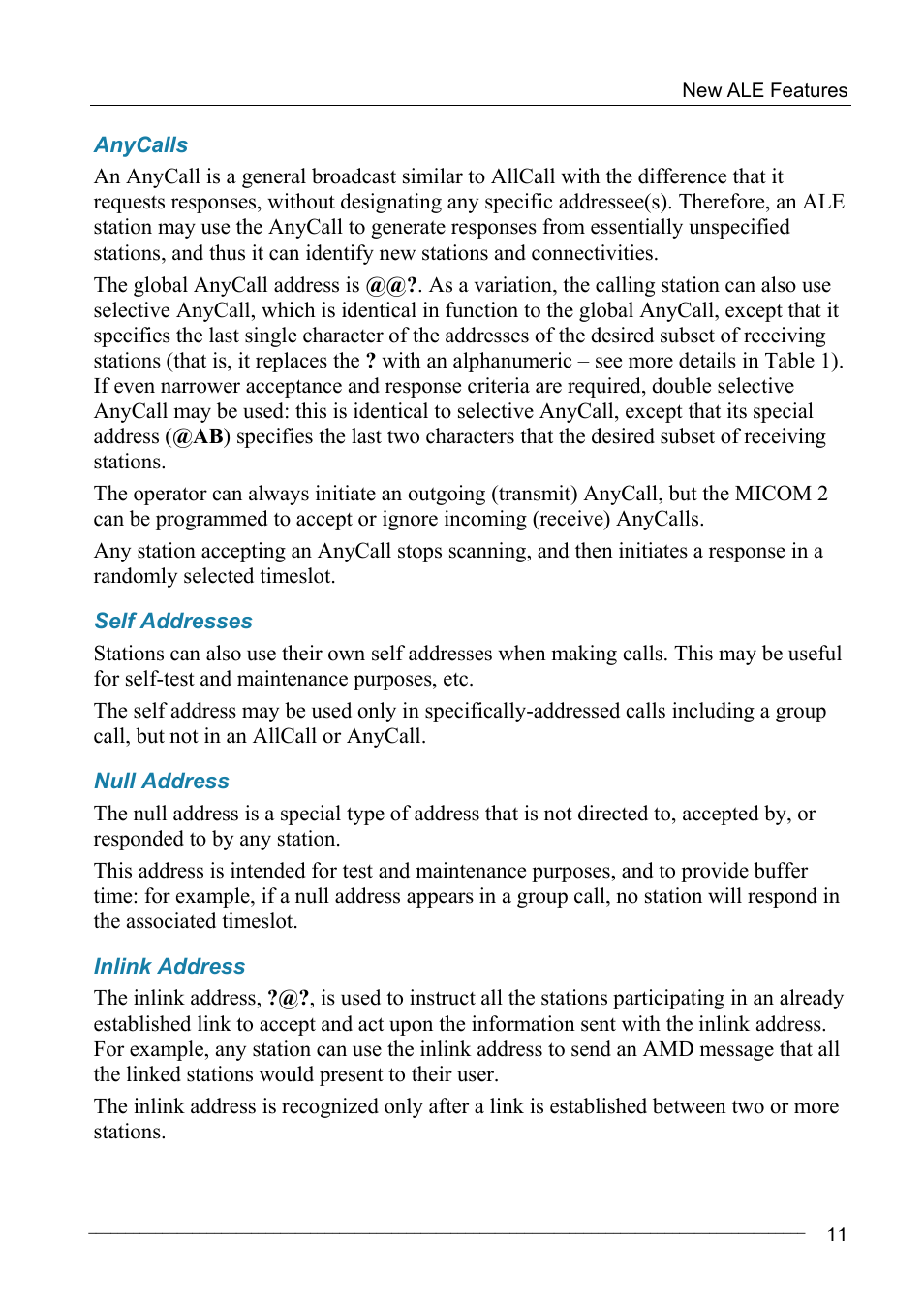 Anycalls, Self addresses, Null address | Inlink address | Motorola MICOM-2ES/2RS/2TS ALE User Manual | Page 25 / 76