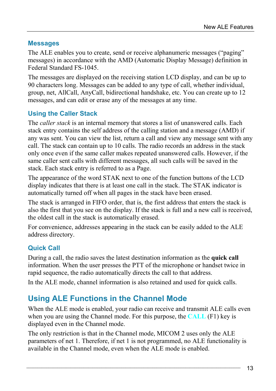 Messages, Using the caller stack, Quick call | Using ale functions in the channel mode | Motorola MICOM-2ES/2RS/2TS ALE User Manual | Page 27 / 76