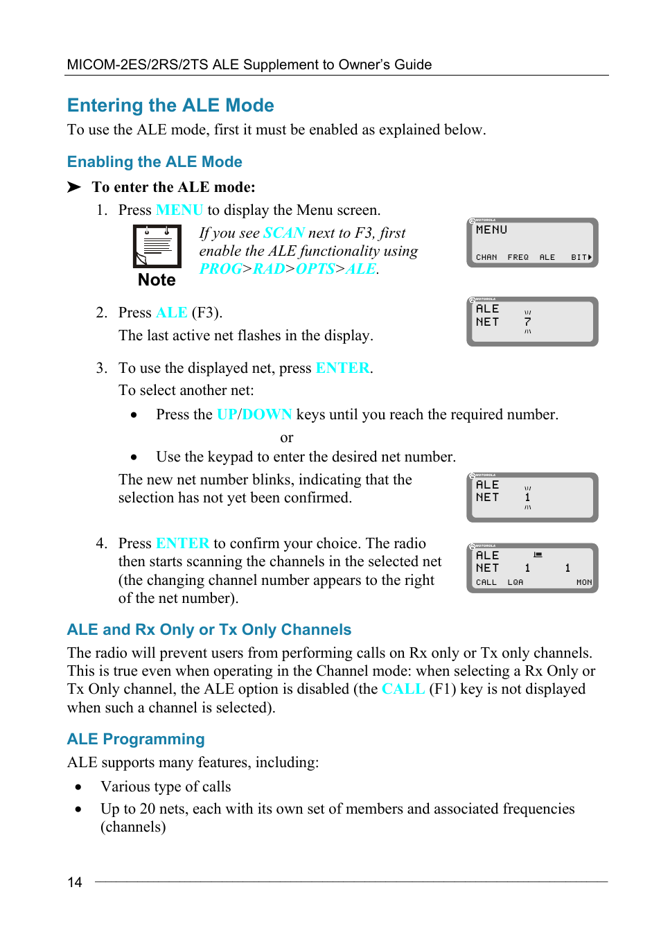 Entering the ale mode, Enabling the ale mode, Ale and rx only or tx only channels | Ale programming | Motorola MICOM-2ES/2RS/2TS ALE User Manual | Page 28 / 76