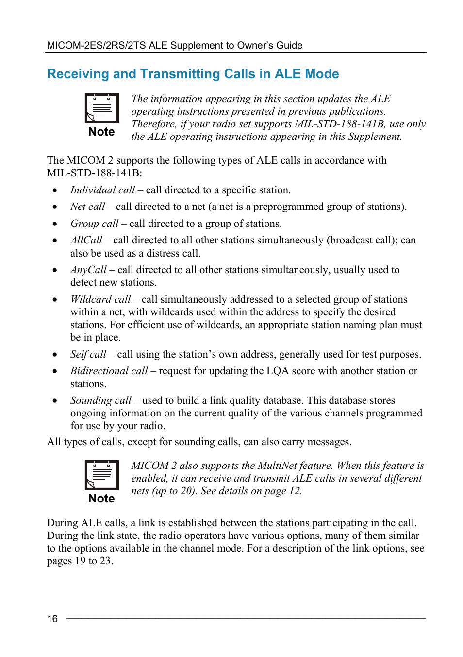 Receiving and transmitting calls in ale mode | Motorola MICOM-2ES/2RS/2TS ALE User Manual | Page 30 / 76