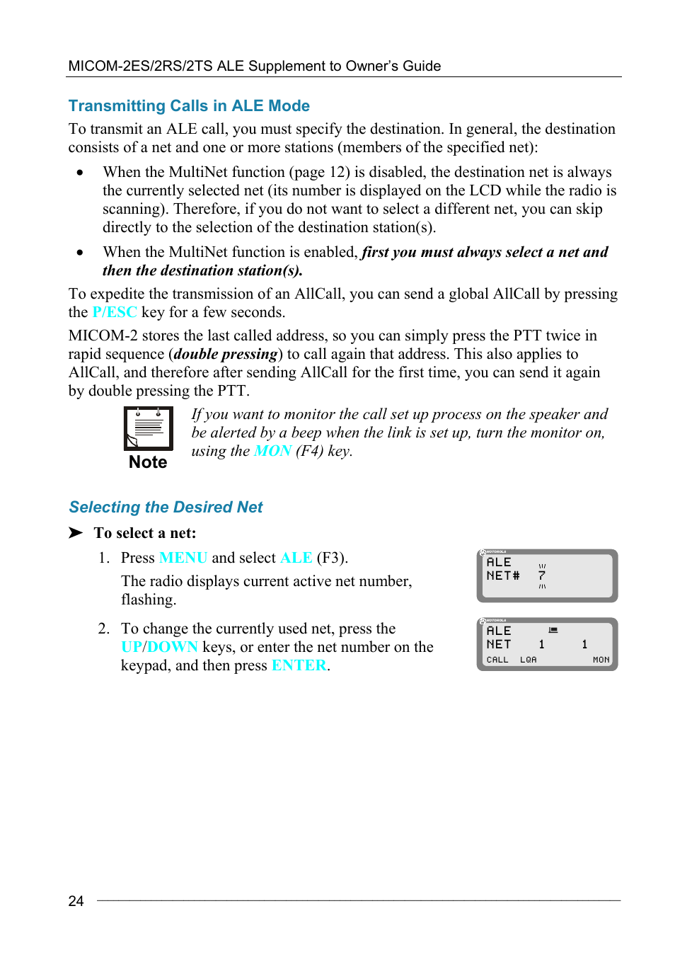 Transmitting calls in ale mode, Selecting the desired net | Motorola MICOM-2ES/2RS/2TS ALE User Manual | Page 38 / 76