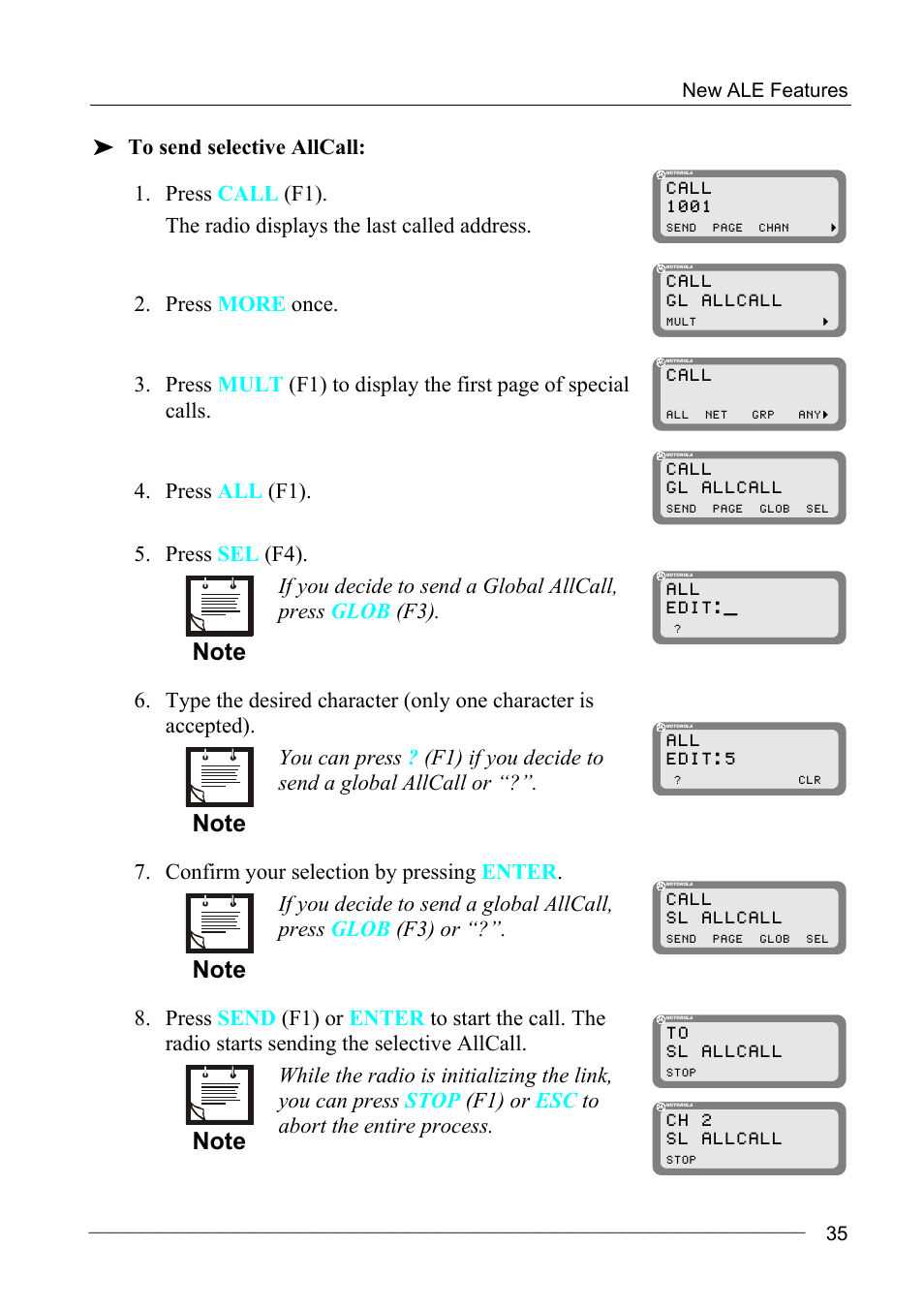 Press more once, Press all (f1), Press sel (f4) | Confirm your selection by pressing enter | Motorola MICOM-2ES/2RS/2TS ALE User Manual | Page 49 / 76