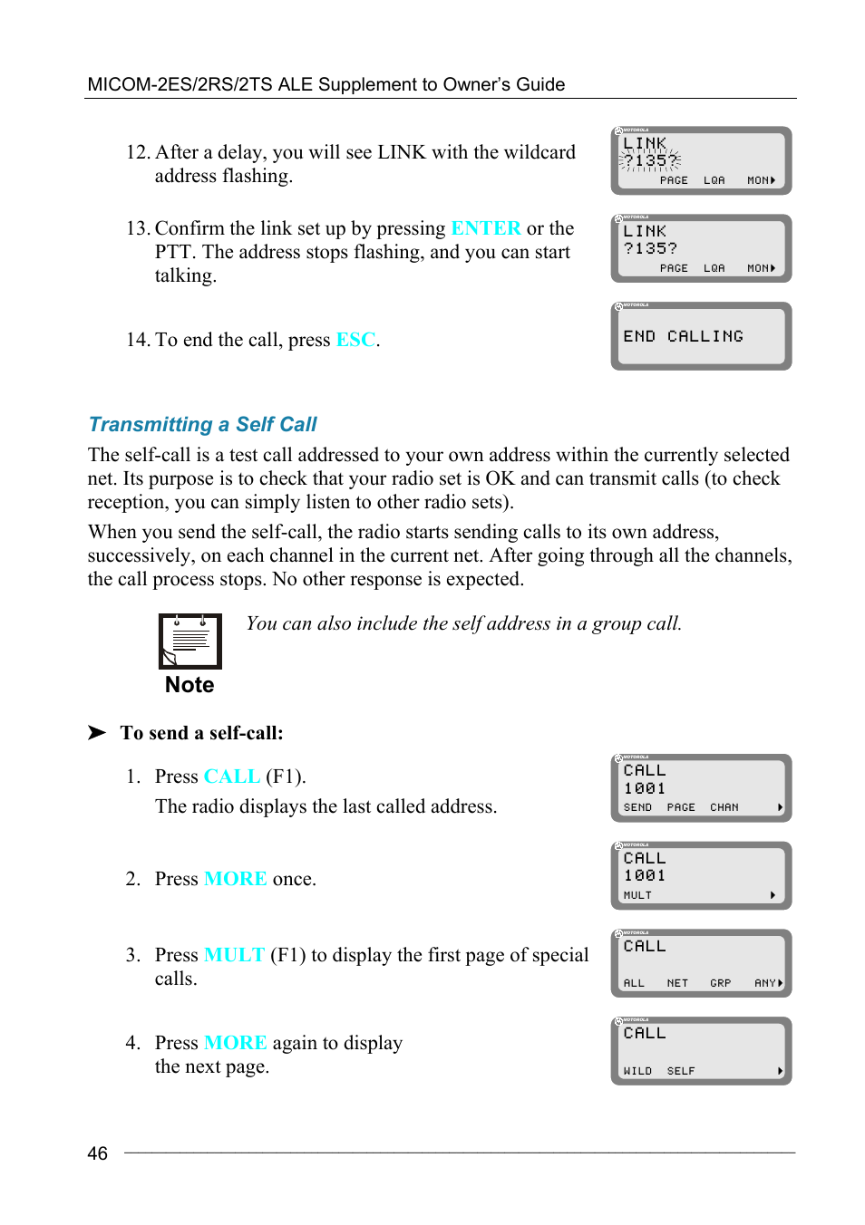 Transmitting a self call, Press more once, Press more again to display the next page | Motorola MICOM-2ES/2RS/2TS ALE User Manual | Page 60 / 76