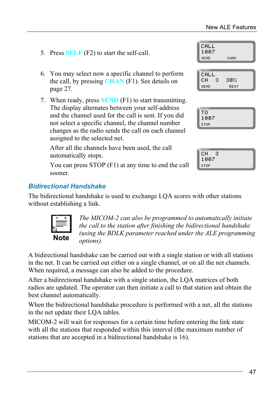 Bidirectional handshake, Press self (f2) to start the self-call, Call 1007 | Call ch 3 30 | Motorola MICOM-2ES/2RS/2TS ALE User Manual | Page 61 / 76