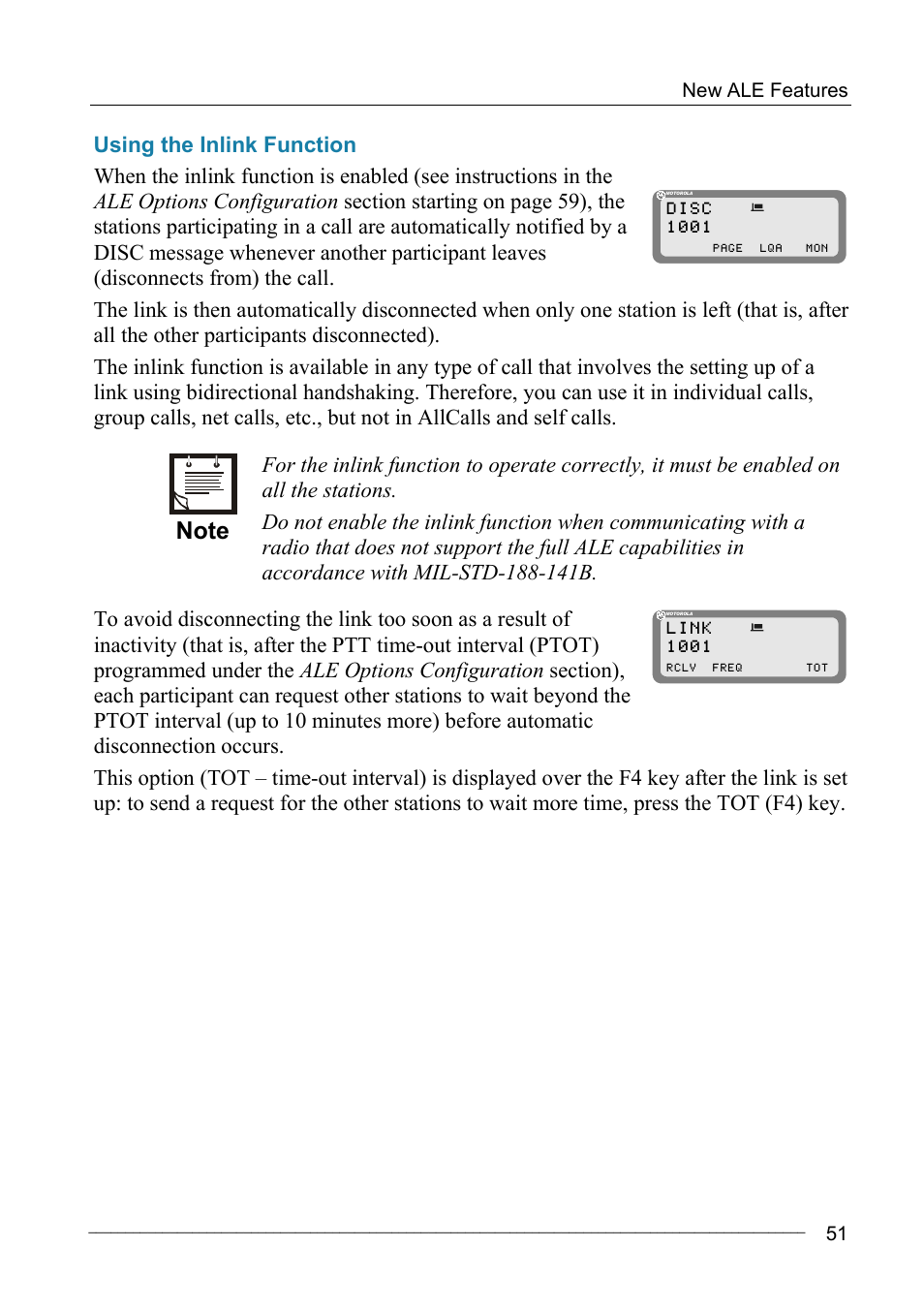 Using the inlink function, Disc 1001, Link 1001 | Motorola MICOM-2ES/2RS/2TS ALE User Manual | Page 65 / 76