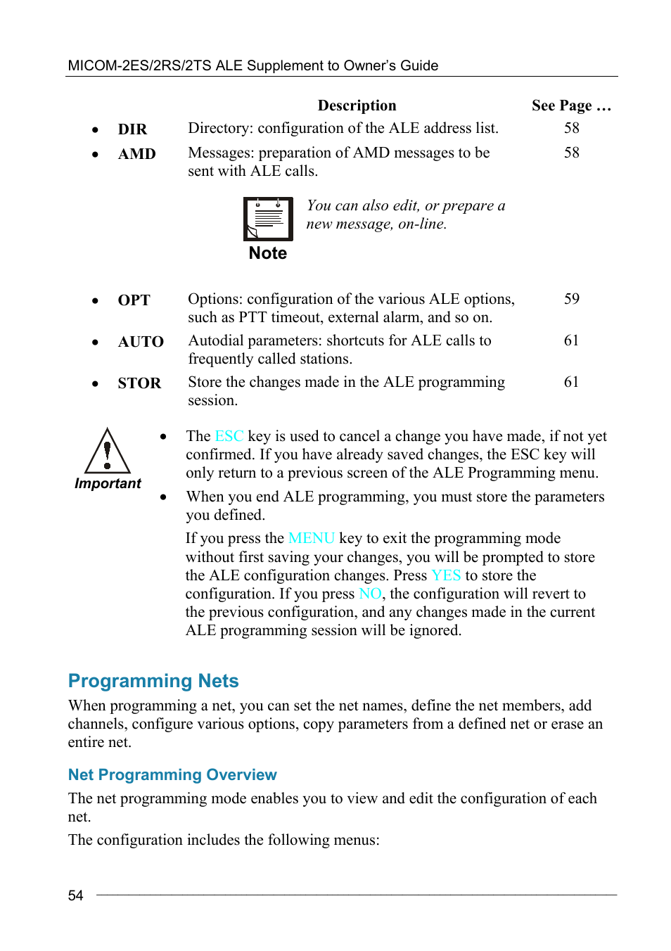 Programming nets, Net programming overview | Motorola MICOM-2ES/2RS/2TS ALE User Manual | Page 68 / 76