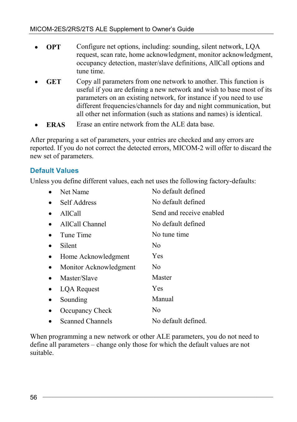 Default values | Motorola MICOM-2ES/2RS/2TS ALE User Manual | Page 70 / 76