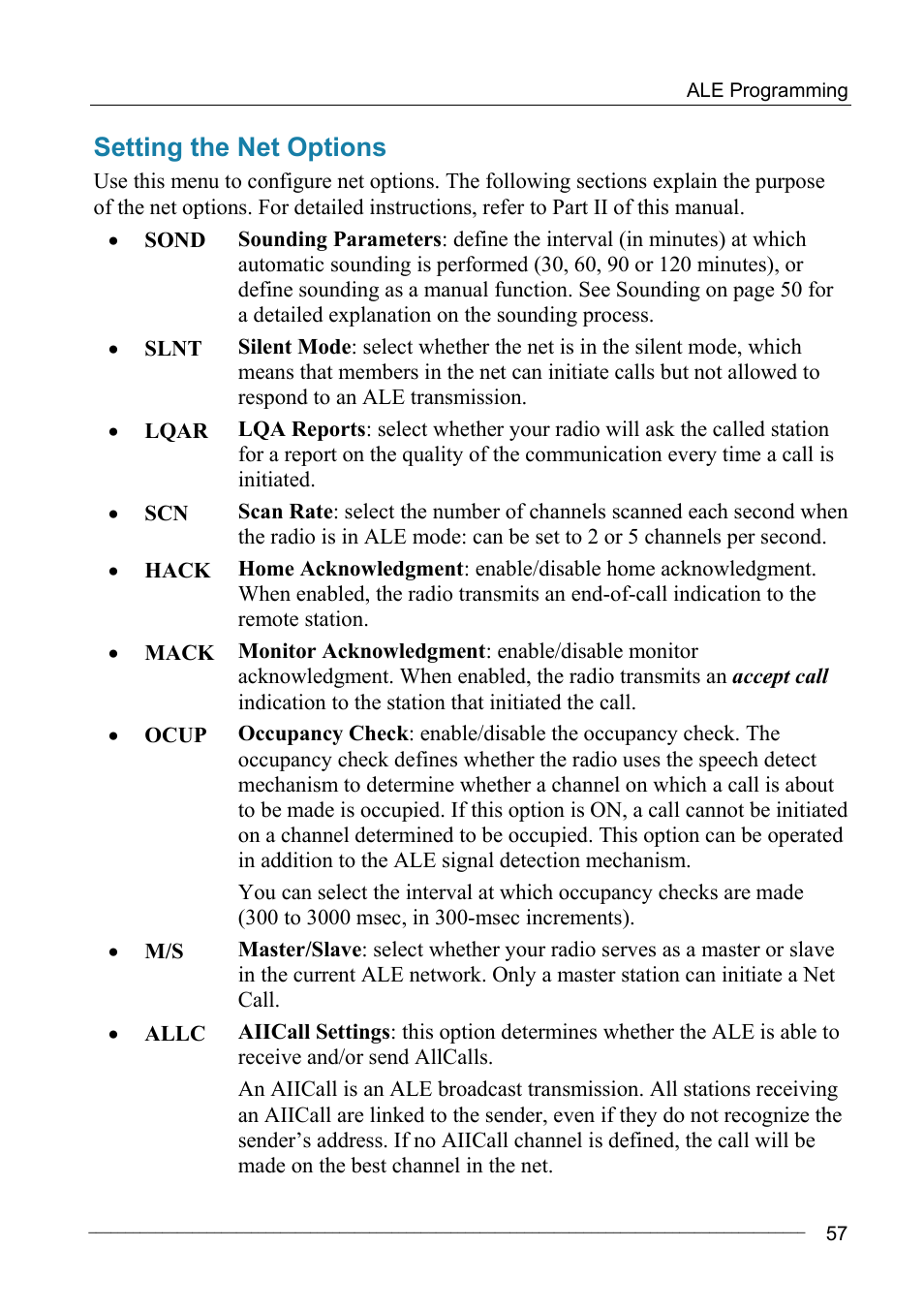 Setting the net options | Motorola MICOM-2ES/2RS/2TS ALE User Manual | Page 71 / 76