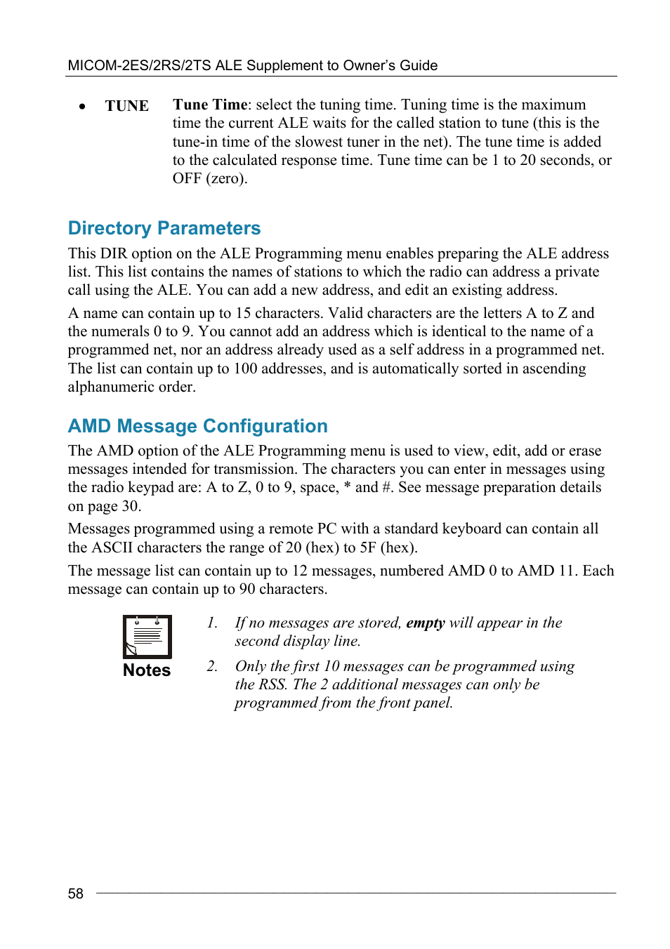 Directory parameters, Amd message configuration | Motorola MICOM-2ES/2RS/2TS ALE User Manual | Page 72 / 76