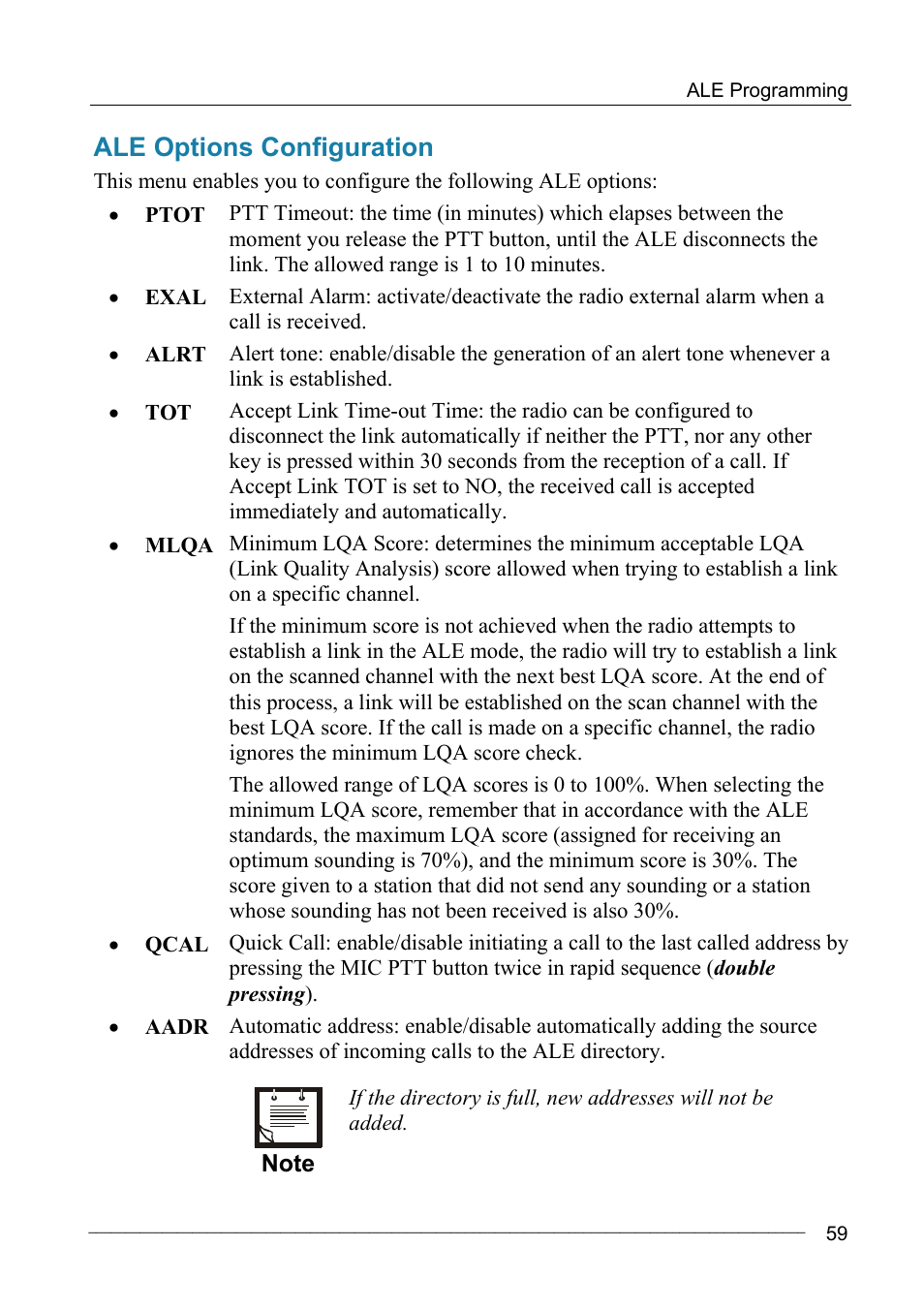 Ale options configuration, Otified by a, Rclv | Motorola MICOM-2ES/2RS/2TS ALE User Manual | Page 73 / 76