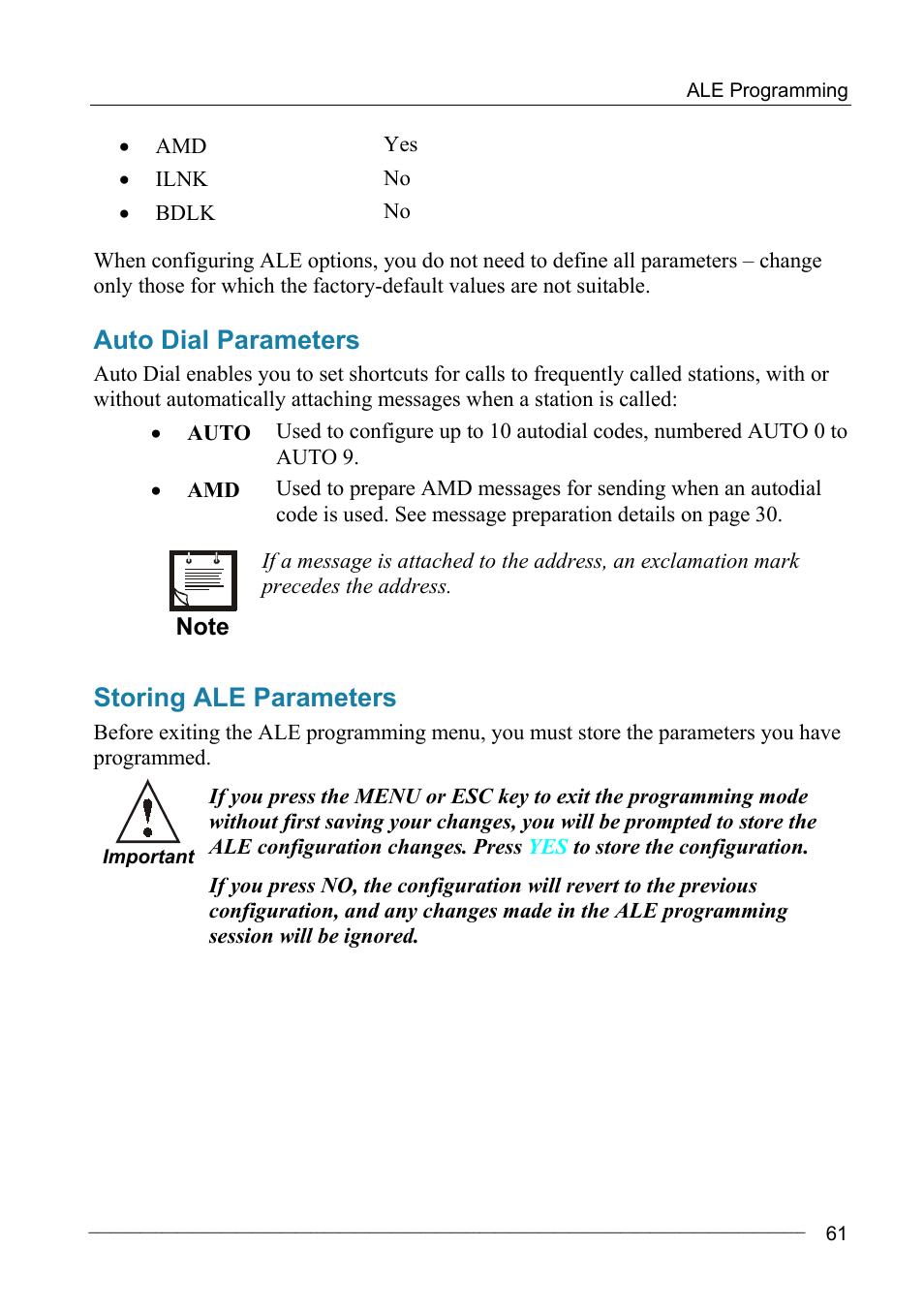 Auto dial parameters, Storing ale parameters | Motorola MICOM-2ES/2RS/2TS ALE User Manual | Page 75 / 76