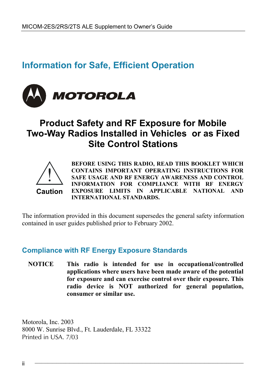 Information for safe, efficient operation | Motorola MICOM-2ES/2RS/2TS ALE User Manual | Page 8 / 76