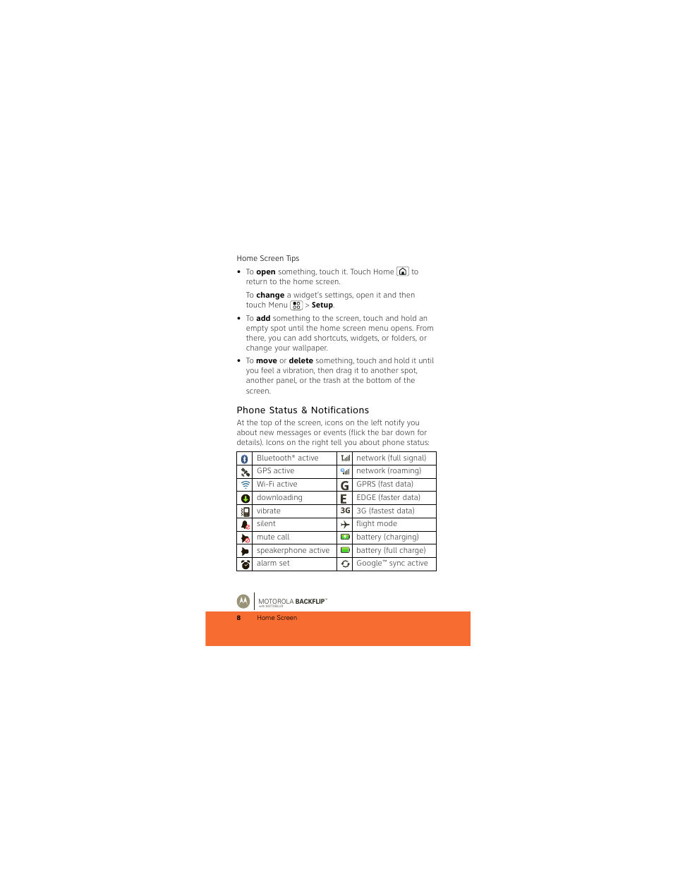 Phone status & notifications | Motorola BACKFLIP 68000202422-A User Manual | Page 10 / 34