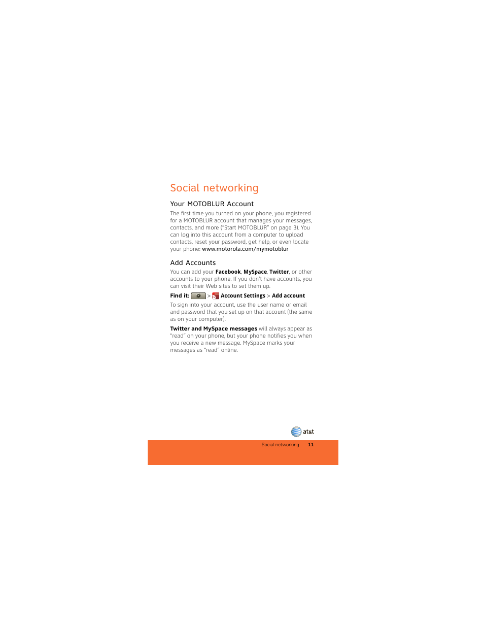 Social networking, Your motoblur account, Add accounts | Motorola BACKFLIP 68000202422-A User Manual | Page 13 / 34