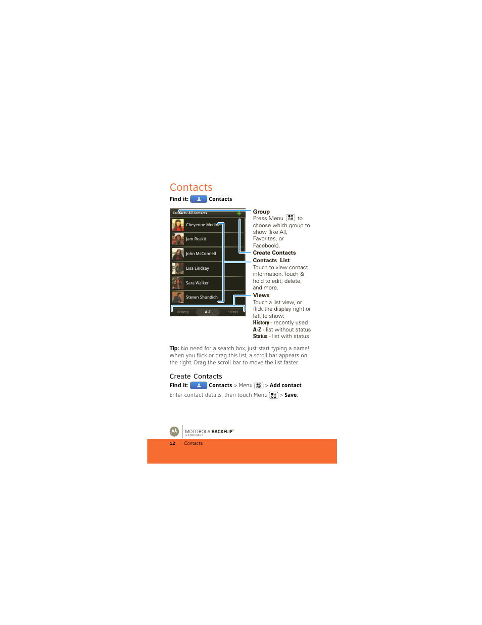 Contacts, Create contacts | Motorola BACKFLIP 68000202422-A User Manual | Page 14 / 34