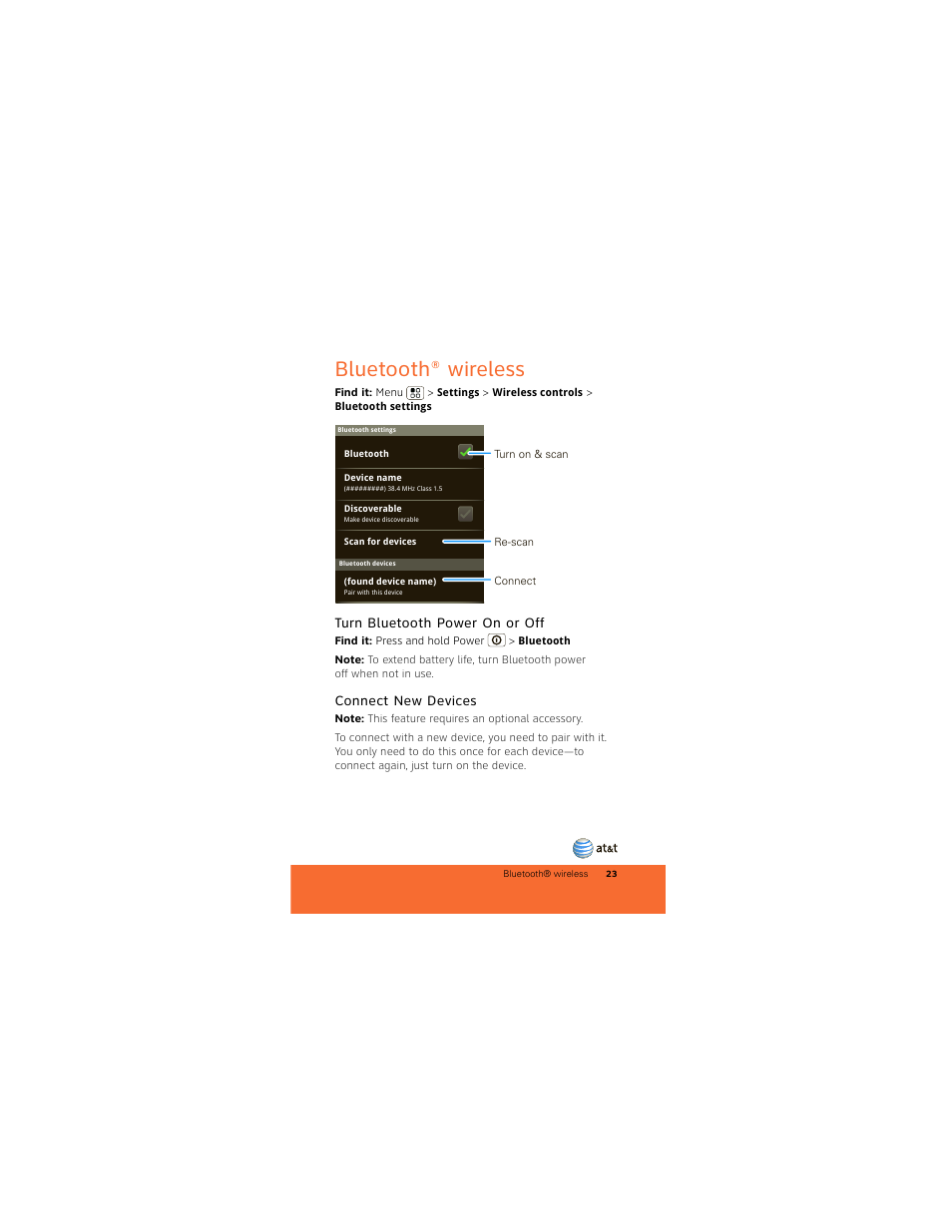 Bluetooth® wireless, Turn bluetooth power on or off, Connect new devices | Motorola BACKFLIP 68000202422-A User Manual | Page 25 / 34