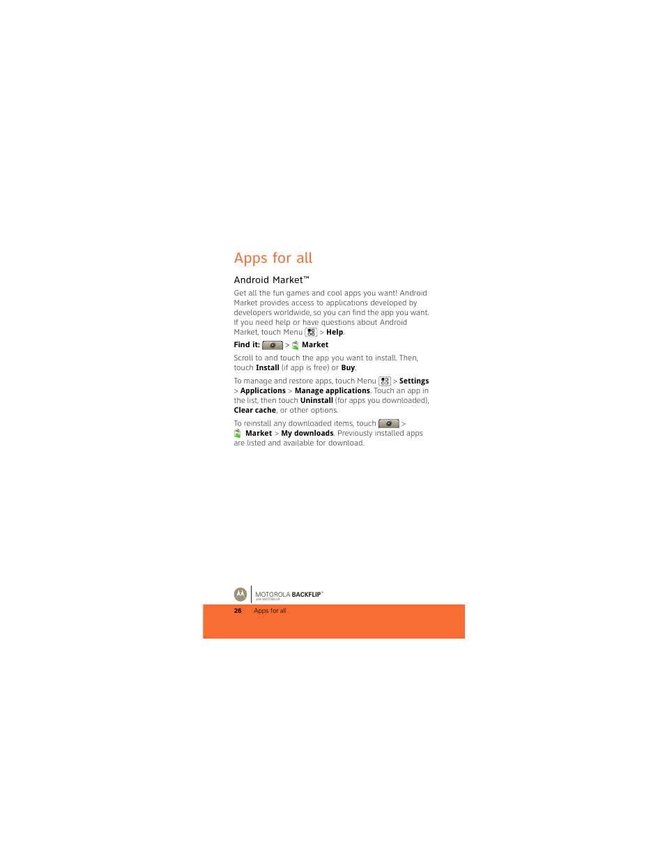 Apps for all, Android market | Motorola BACKFLIP 68000202422-A User Manual | Page 28 / 34