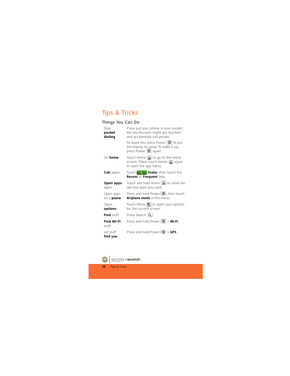 Tips & tricks, Things you can do | Motorola BACKFLIP 68000202422-A User Manual | Page 30 / 34