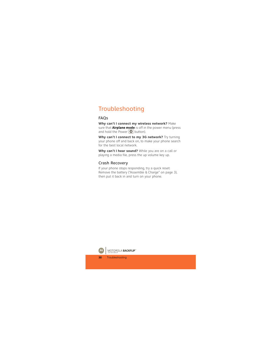 Troubleshooting, Faqs, Crash recovery | Motorola BACKFLIP 68000202422-A User Manual | Page 32 / 34