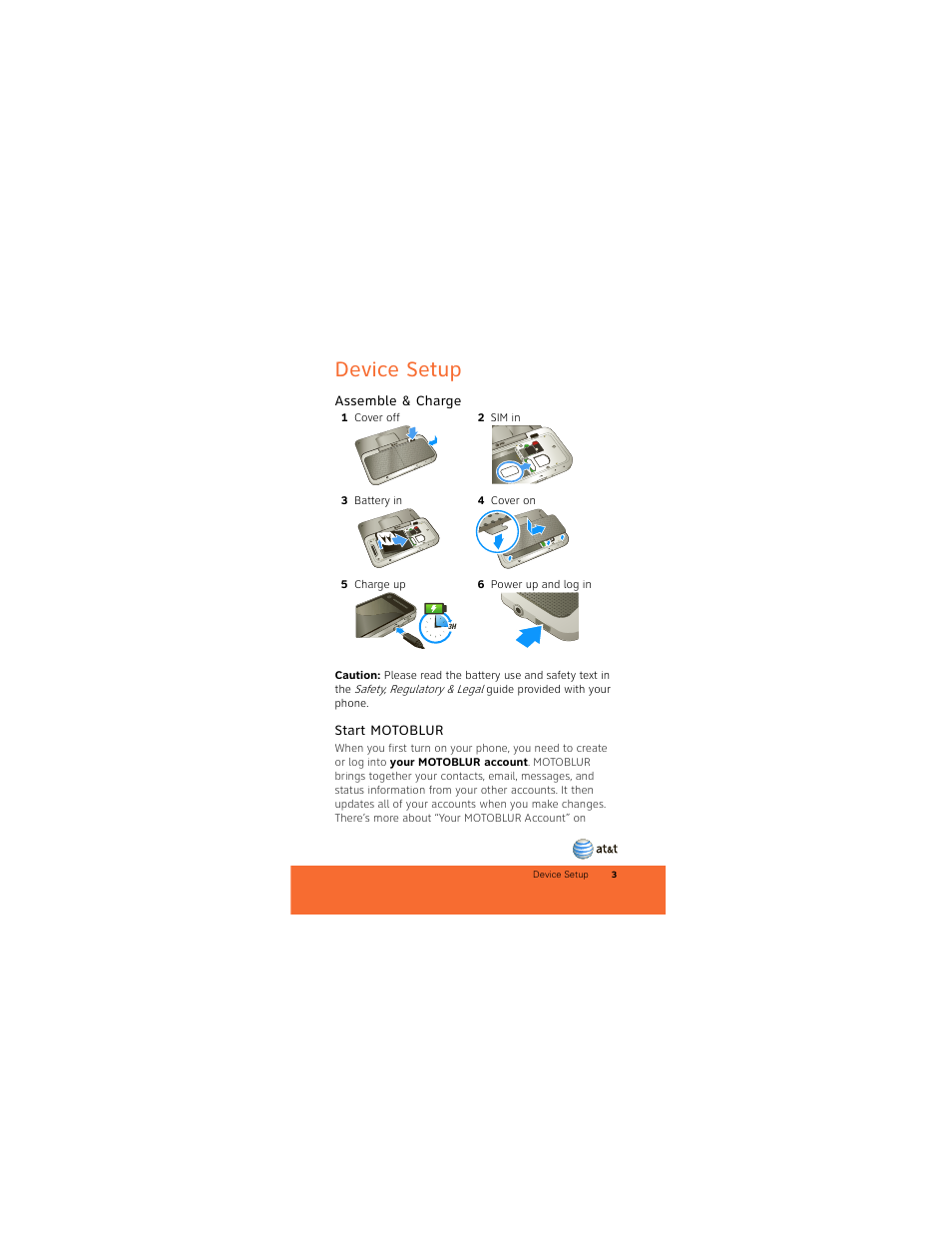 Device setup, Assemble & charge, Start motoblur | Motorola BACKFLIP 68000202422-A User Manual | Page 5 / 34
