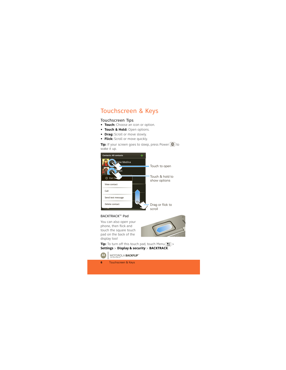 Touchscreen & keys, Touchscreen tips | Motorola BACKFLIP 68000202422-A User Manual | Page 8 / 34