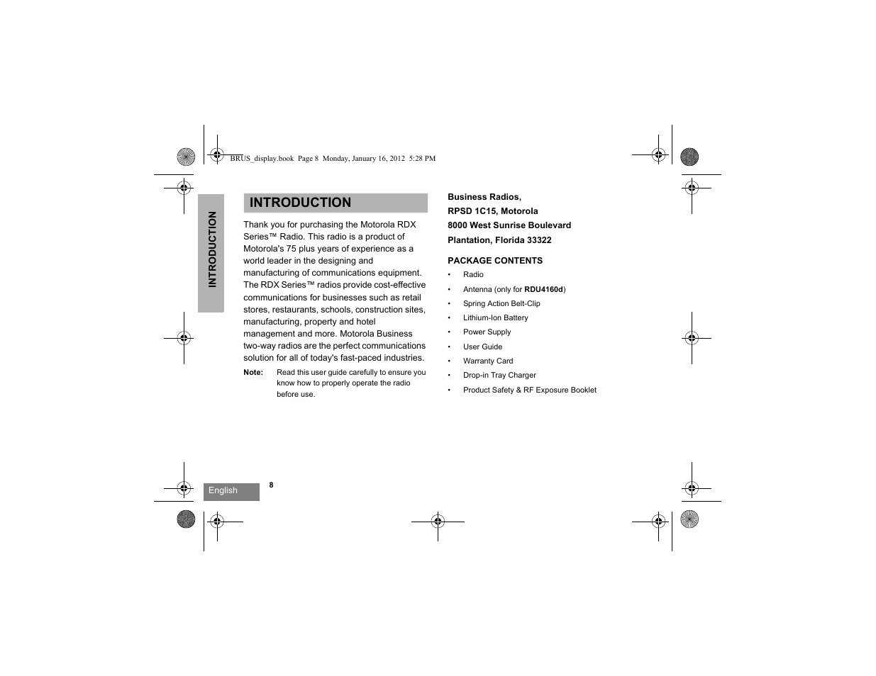 Introduction, Introduction package contents | Motorola RDV2080D User Manual | Page 10 / 104