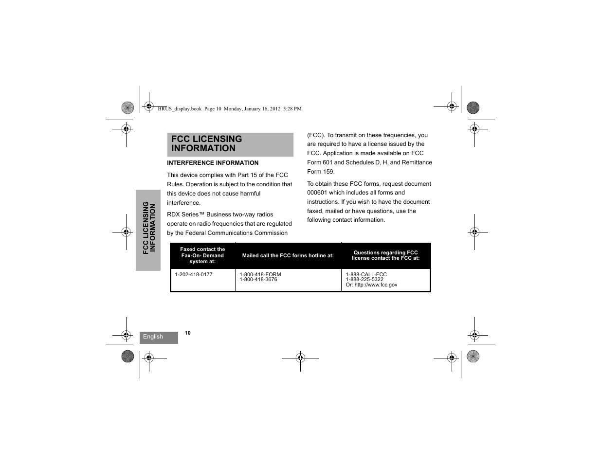 Fcc licensing information, Fcc licensing information interference information | Motorola RDV2080D User Manual | Page 12 / 104