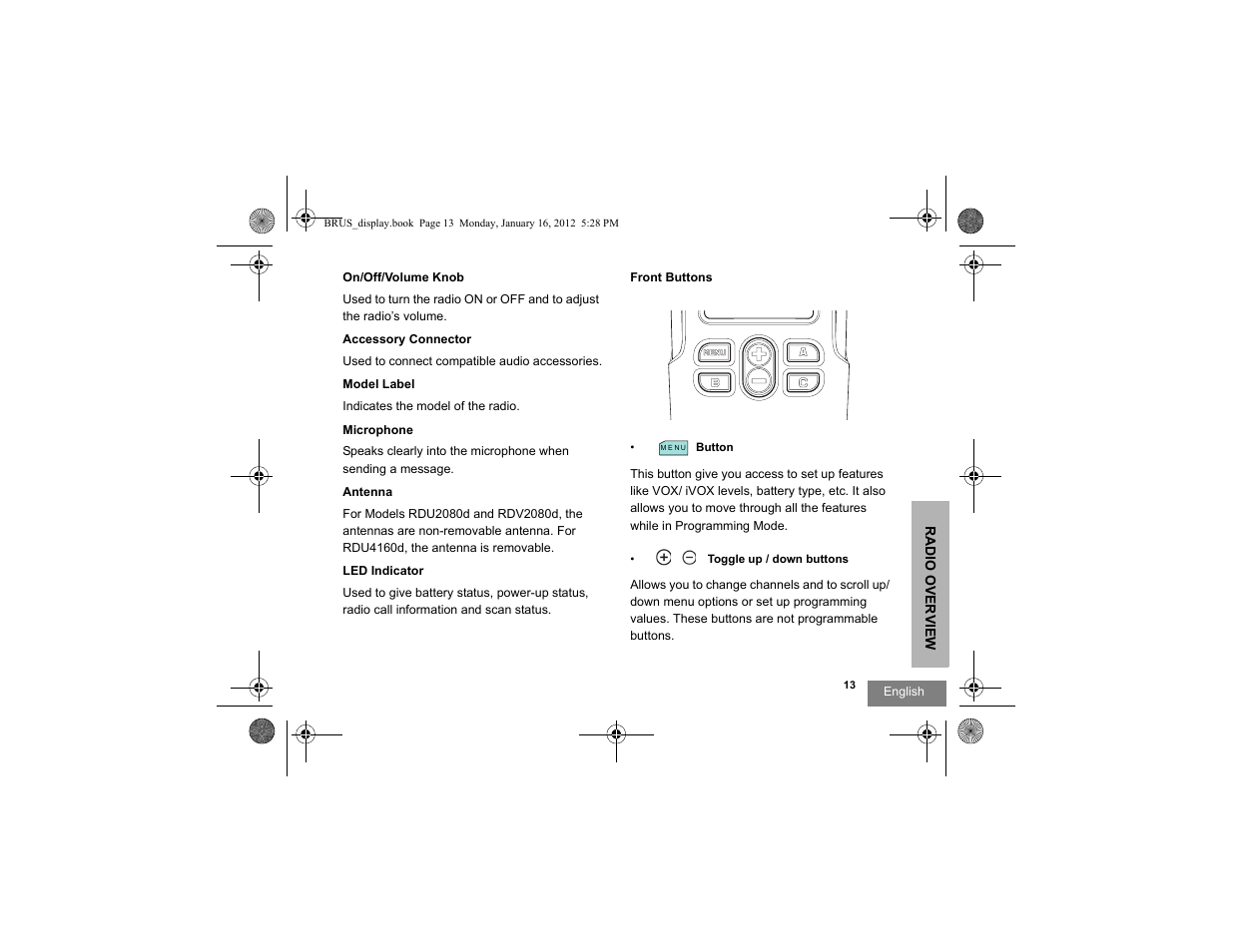 Front buttons | Motorola RDV2080D User Manual | Page 15 / 104